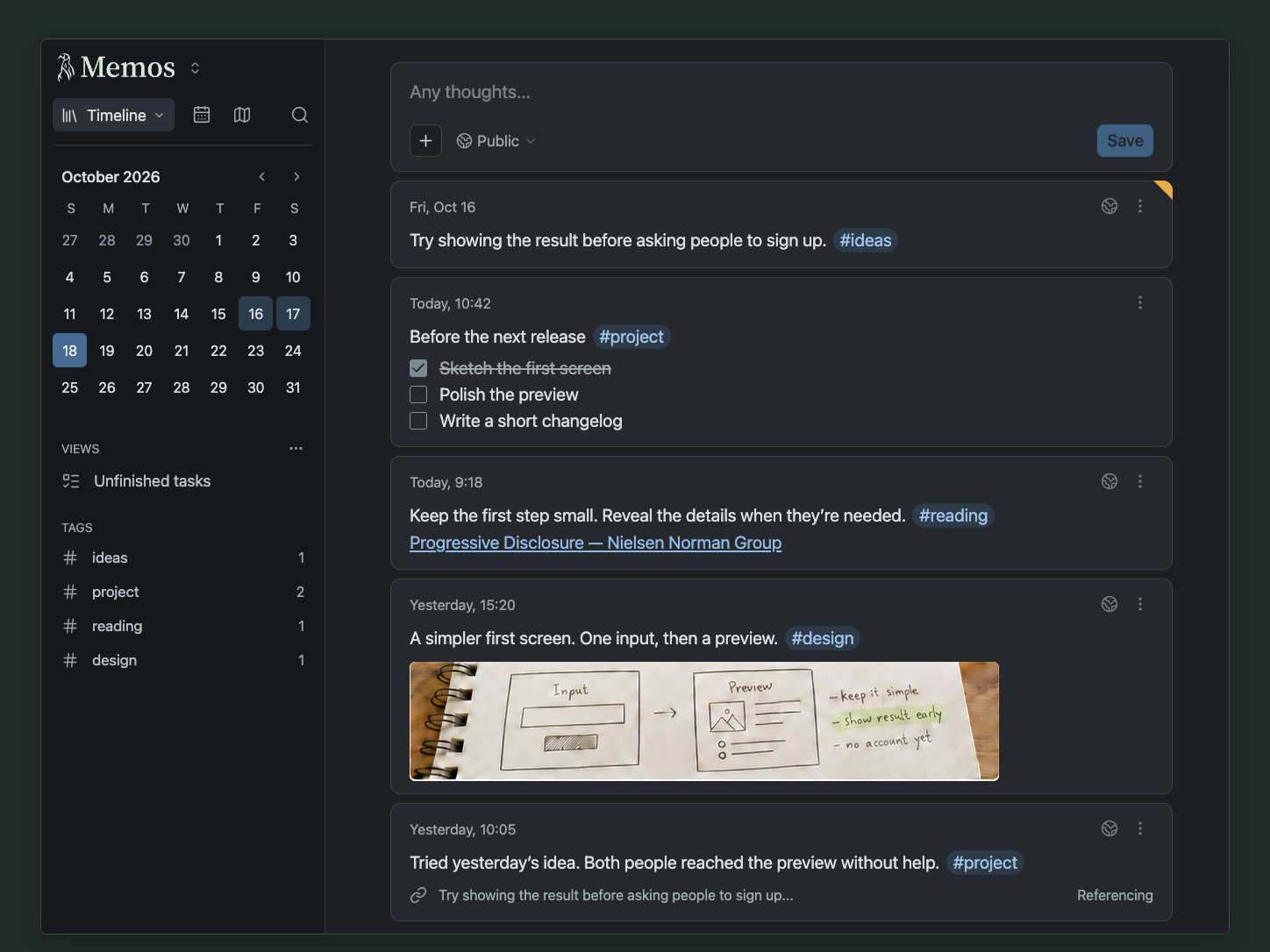 The Memos timeline with a composer and recent memos in dark mode