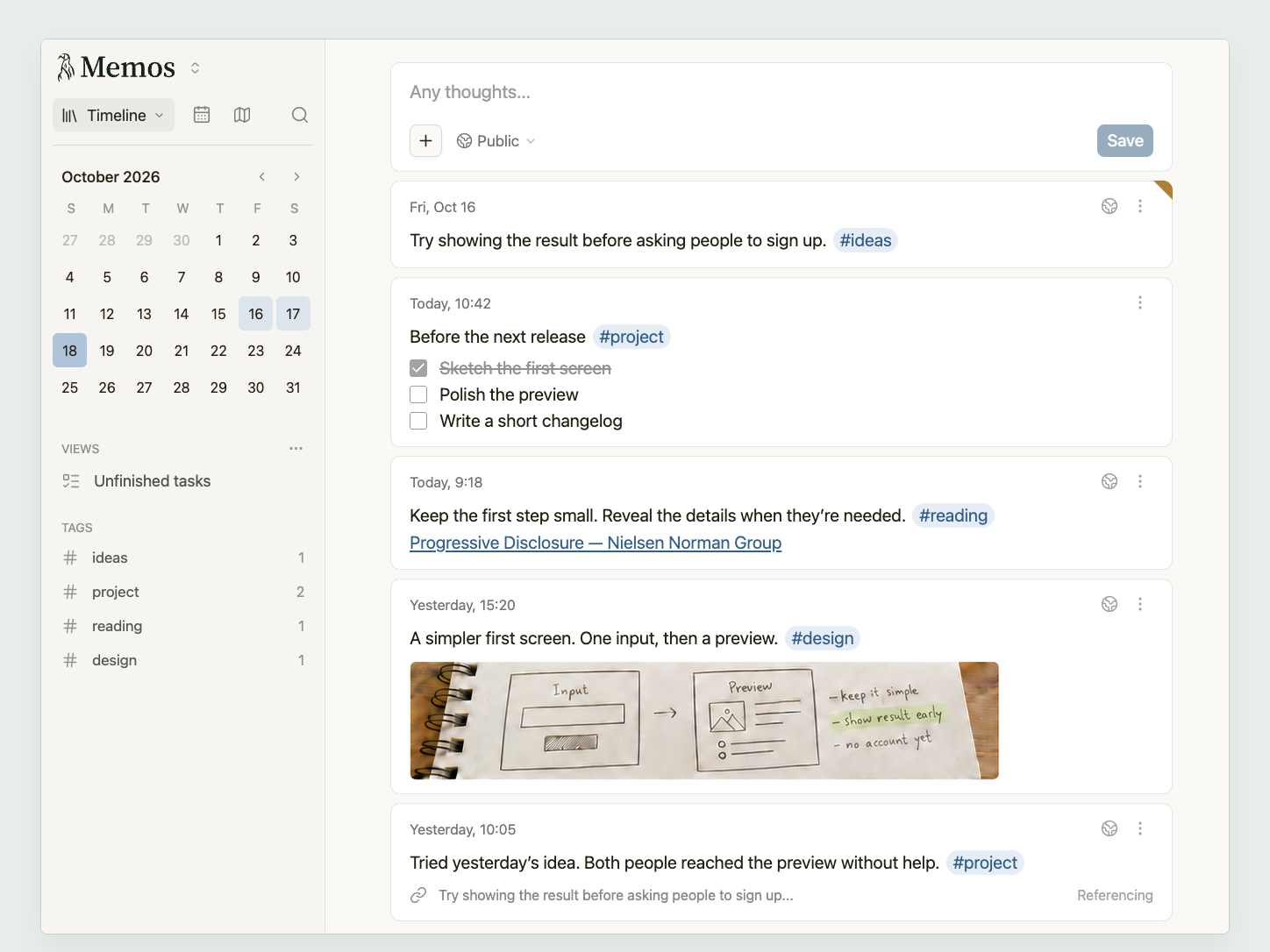 The Memos timeline with a composer and recent memos in light mode