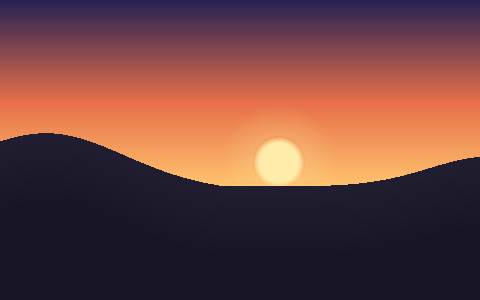 Golden-hour coastal landscape from the Memos demo: a warm sky above purple hills and blue water.